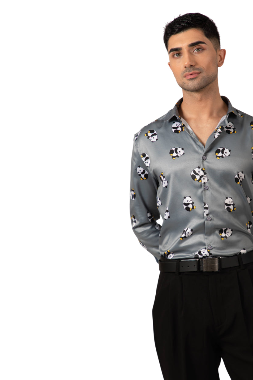 "Men Grey Panda Printed Full Sleeve Shirt"
