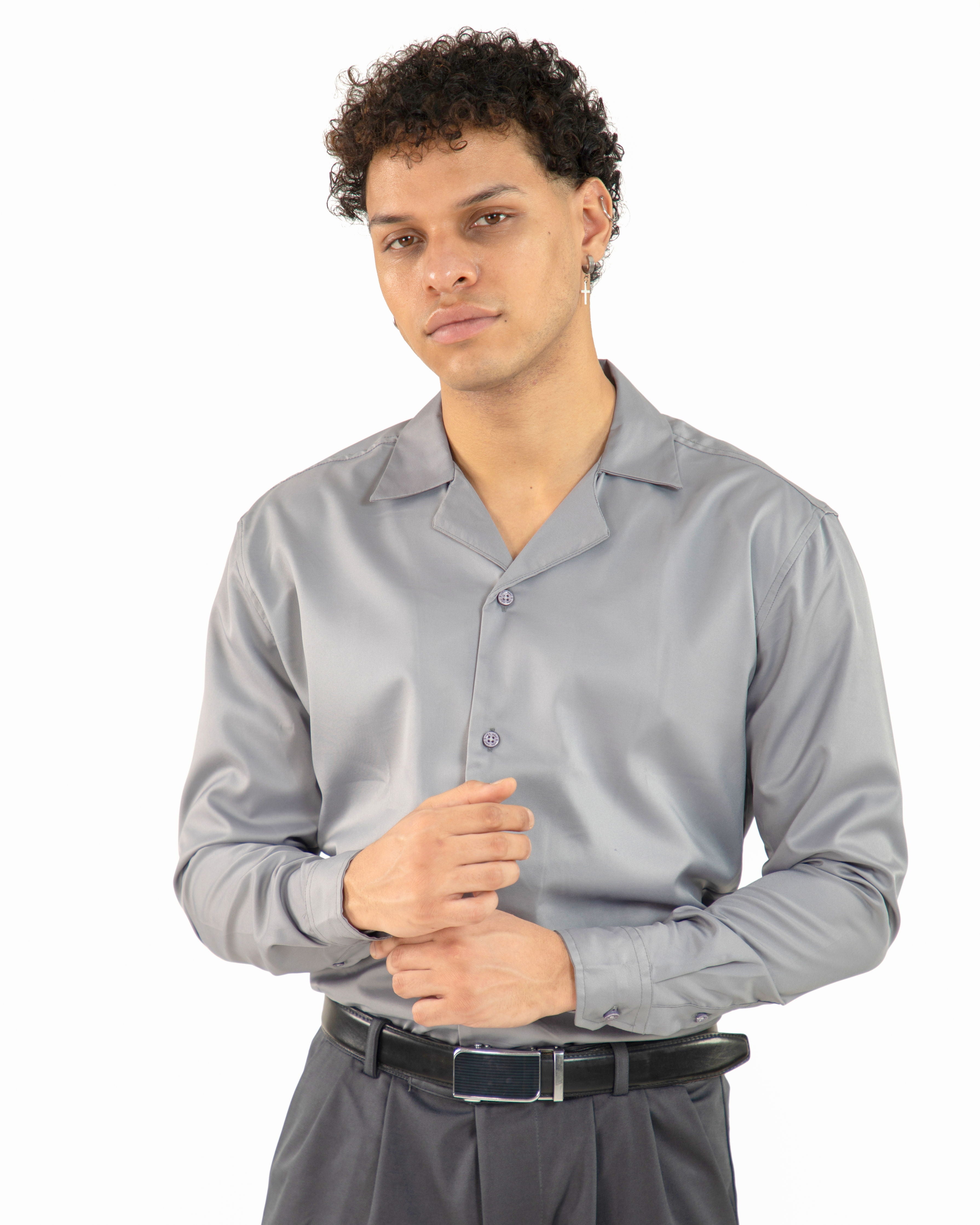 "Men Grey Korean Full Sleeve Shirt"