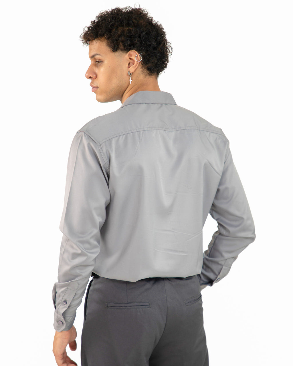 "Men Grey Korean Collar Full Sleeve Shirt"