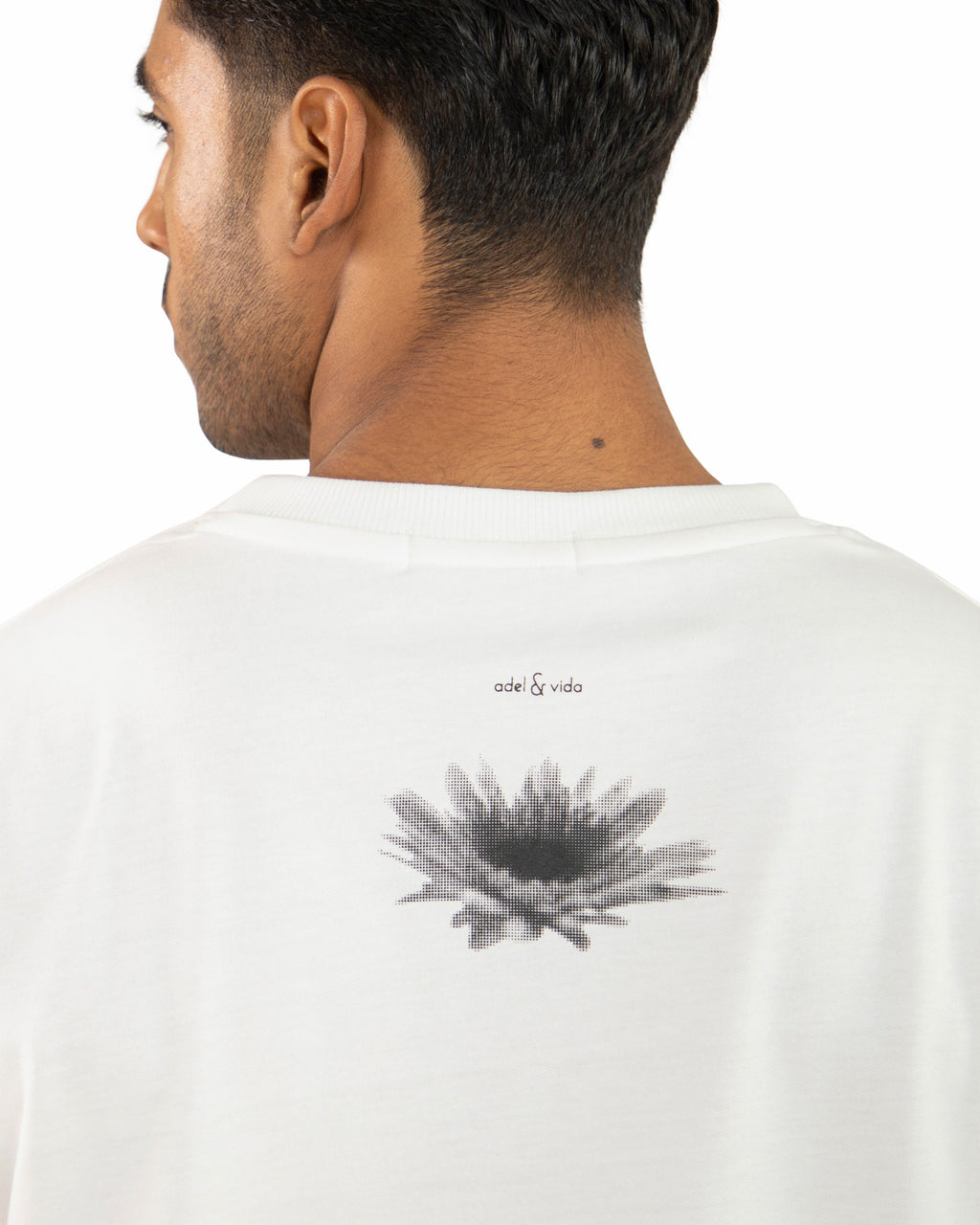 "Men Daisy Flower Printed Oversized White T Shirt closeup look"