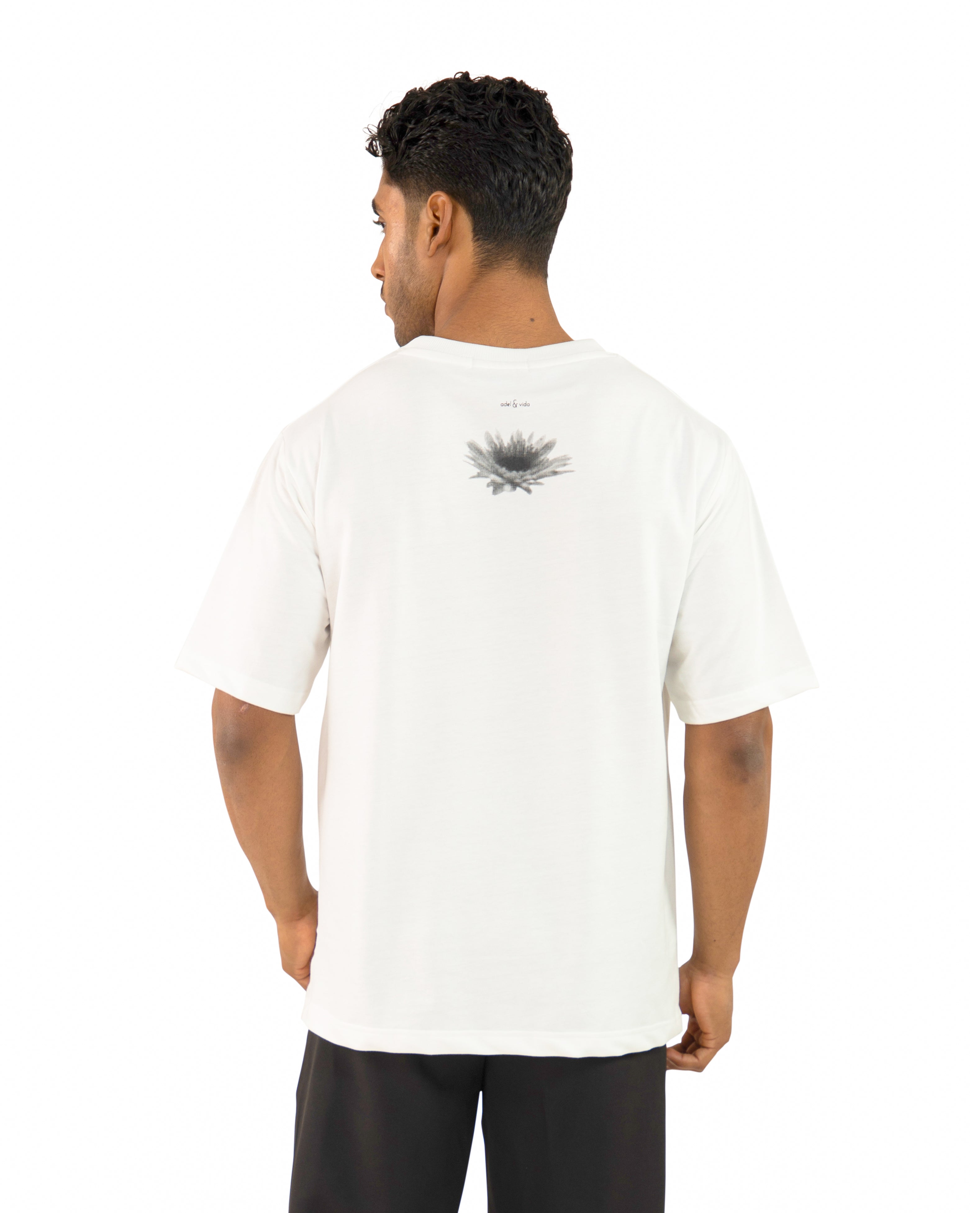 "Men Daisy Flower Printed Oversized White T Shirt back look"