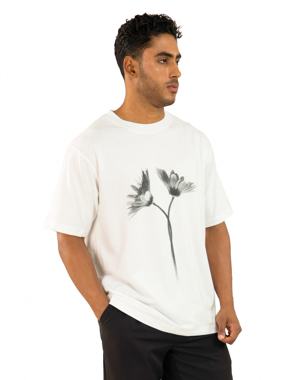 "Men Daisy Flower Printed Oversized White T Shirt left look"