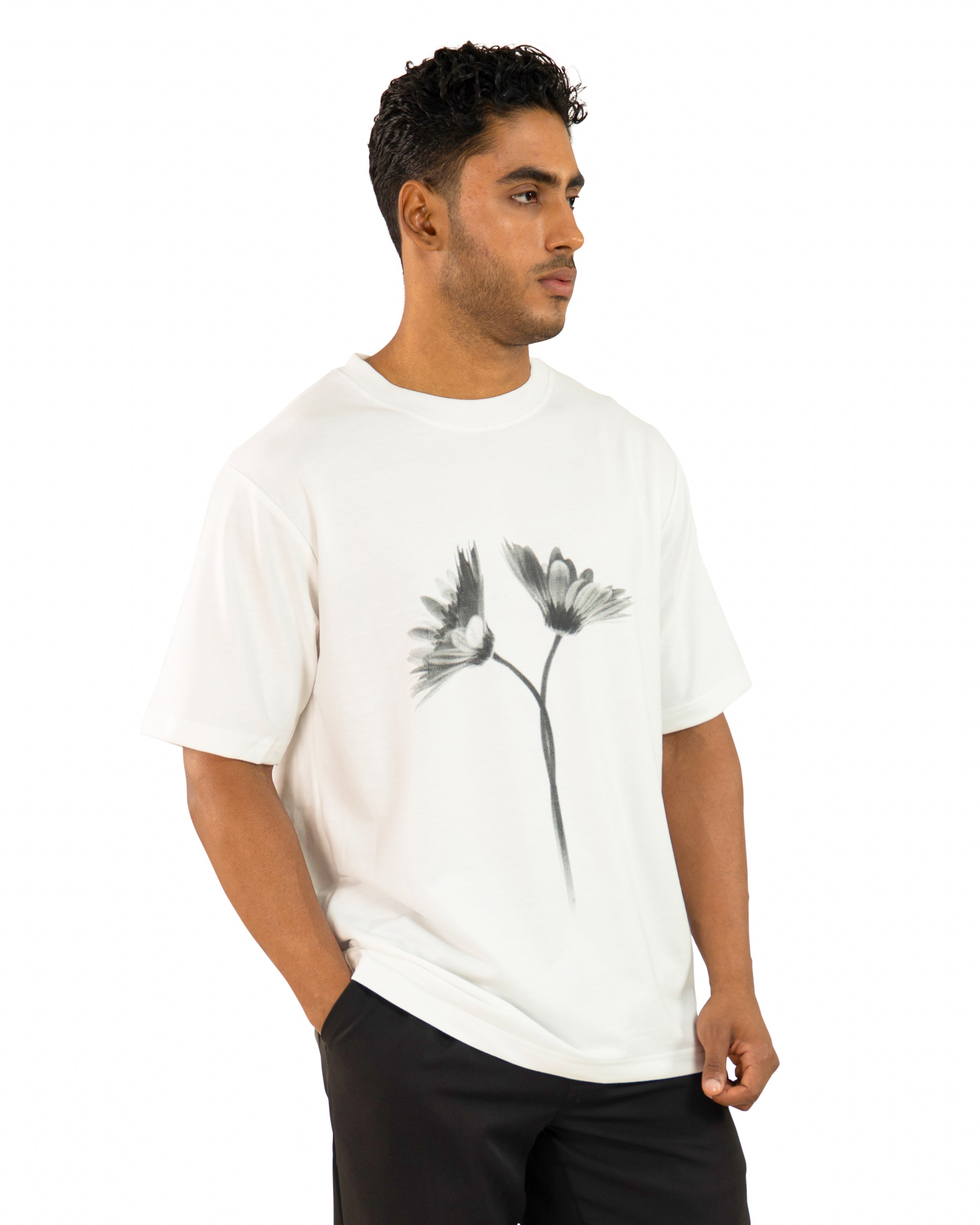 "Men Daisy Flower Printed Oversized White T Shirt left look"