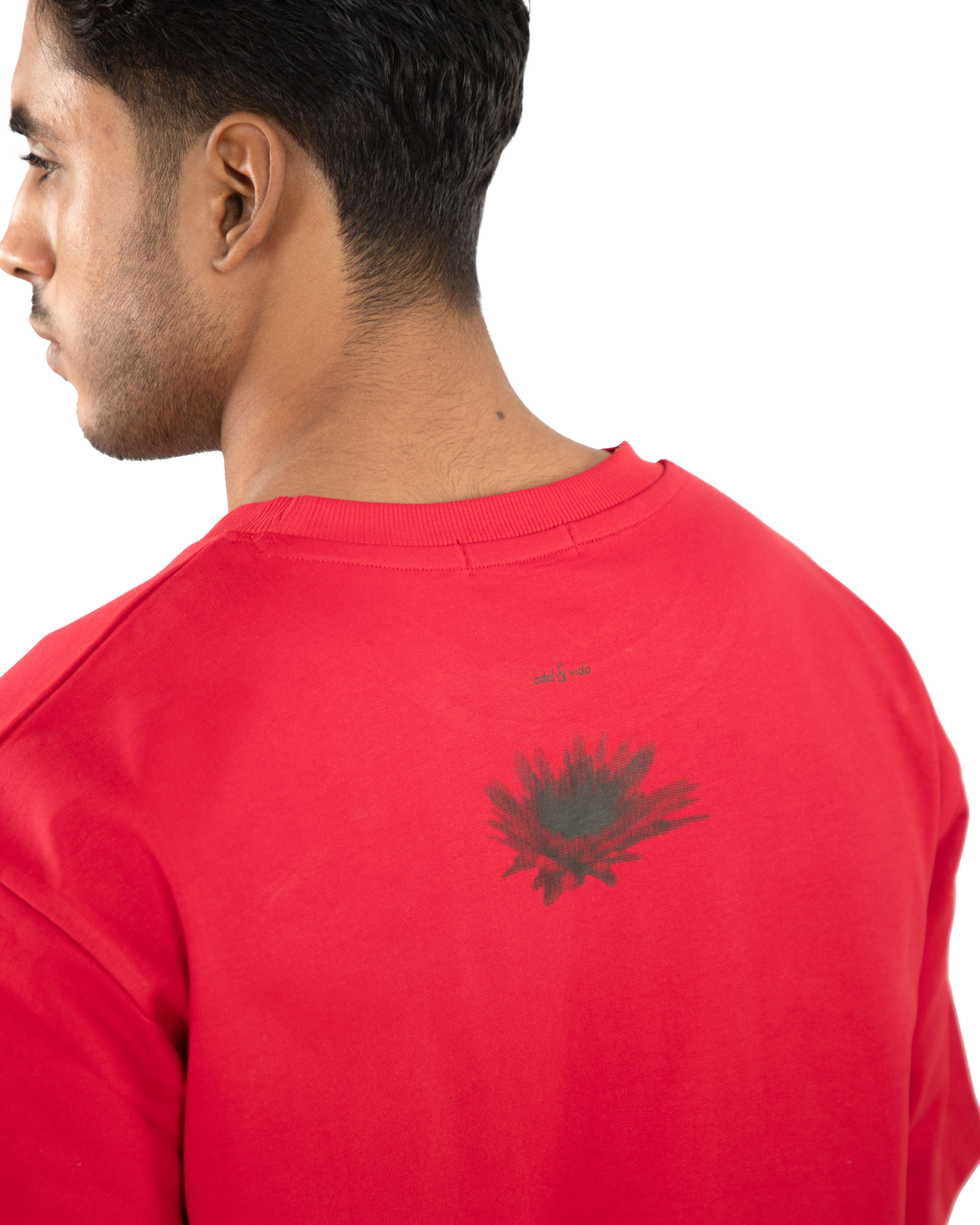 "Men Daisy Floral Red Oversized T Shirt back view closeup"
