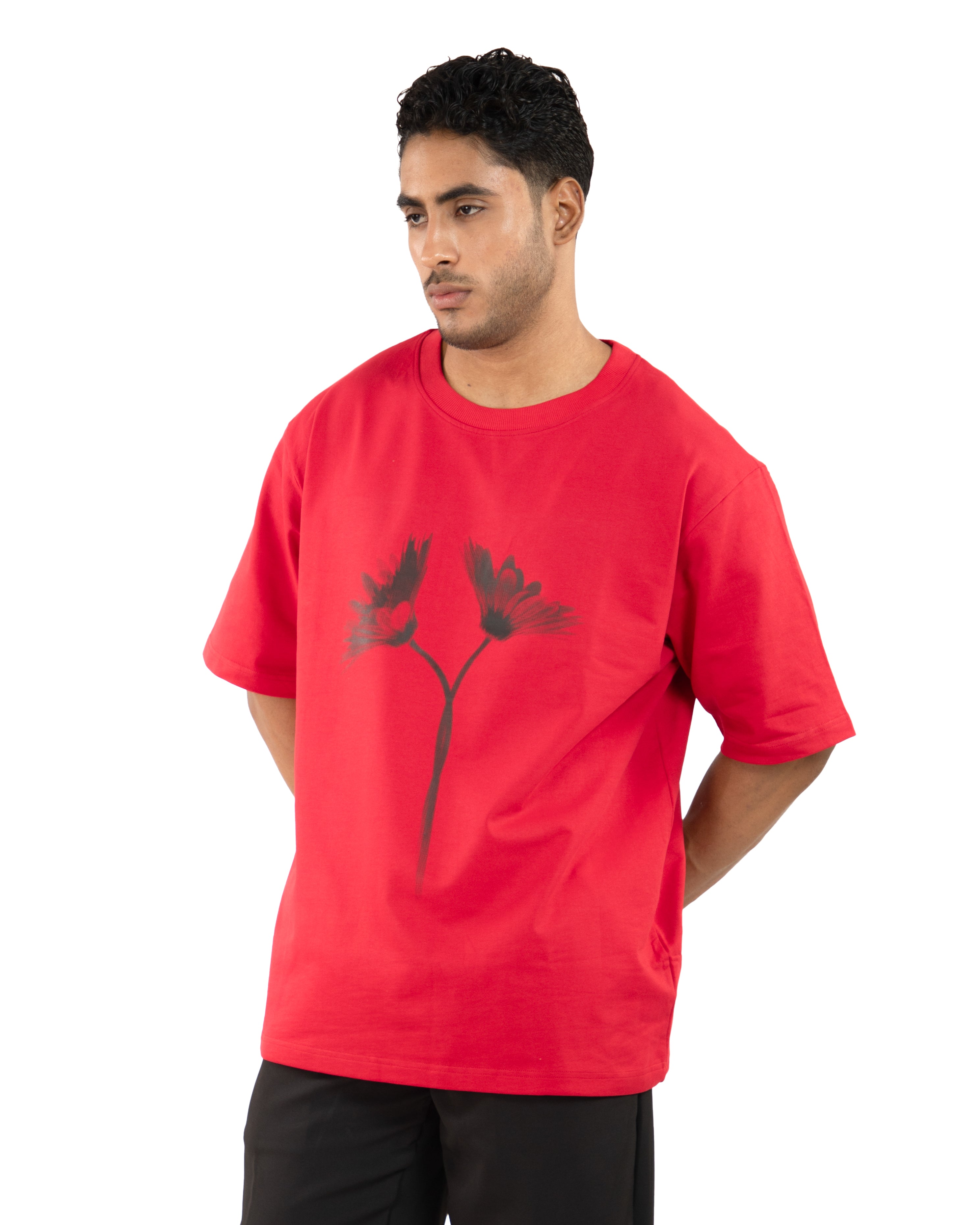 "Men Daisy Floral Red Oversized T Shirt front full view"