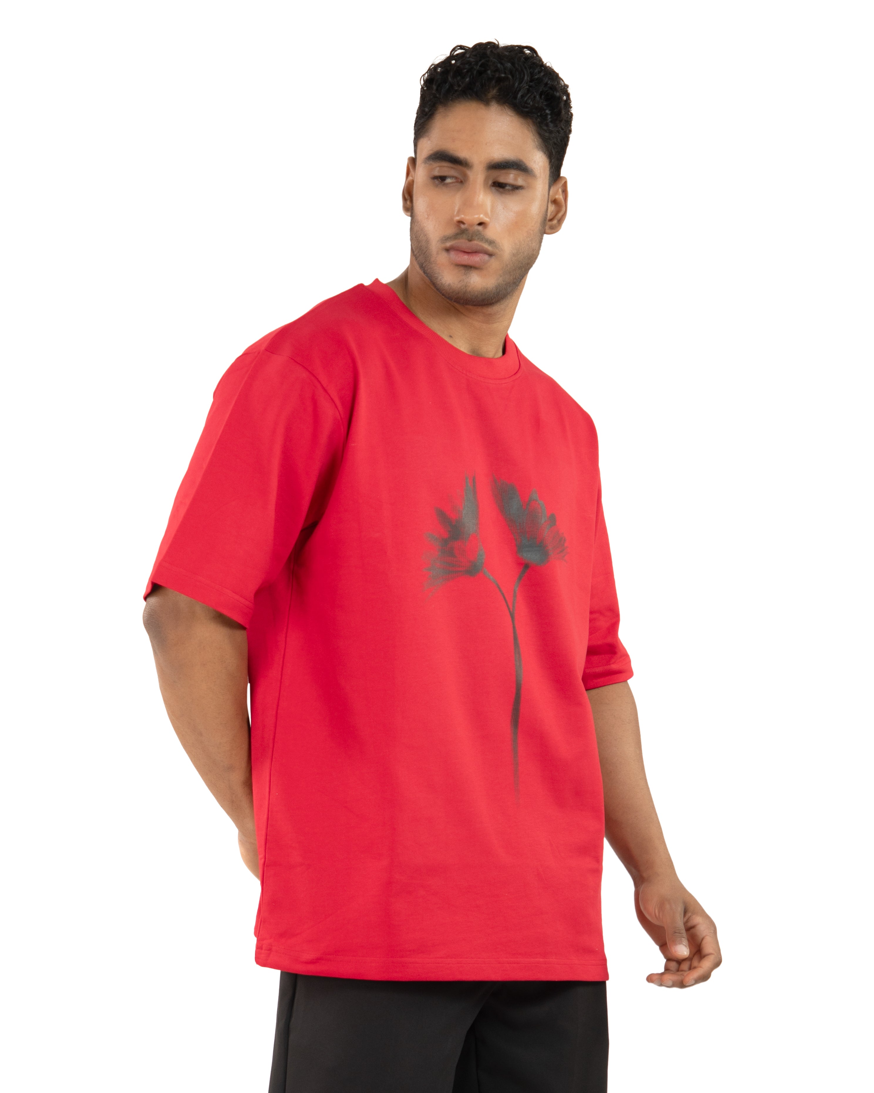 "Men Daisy Floral Red Oversized T Shirt left view"