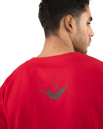 "Men Lily Floral Red Oversized T Shirt  back closeup view"