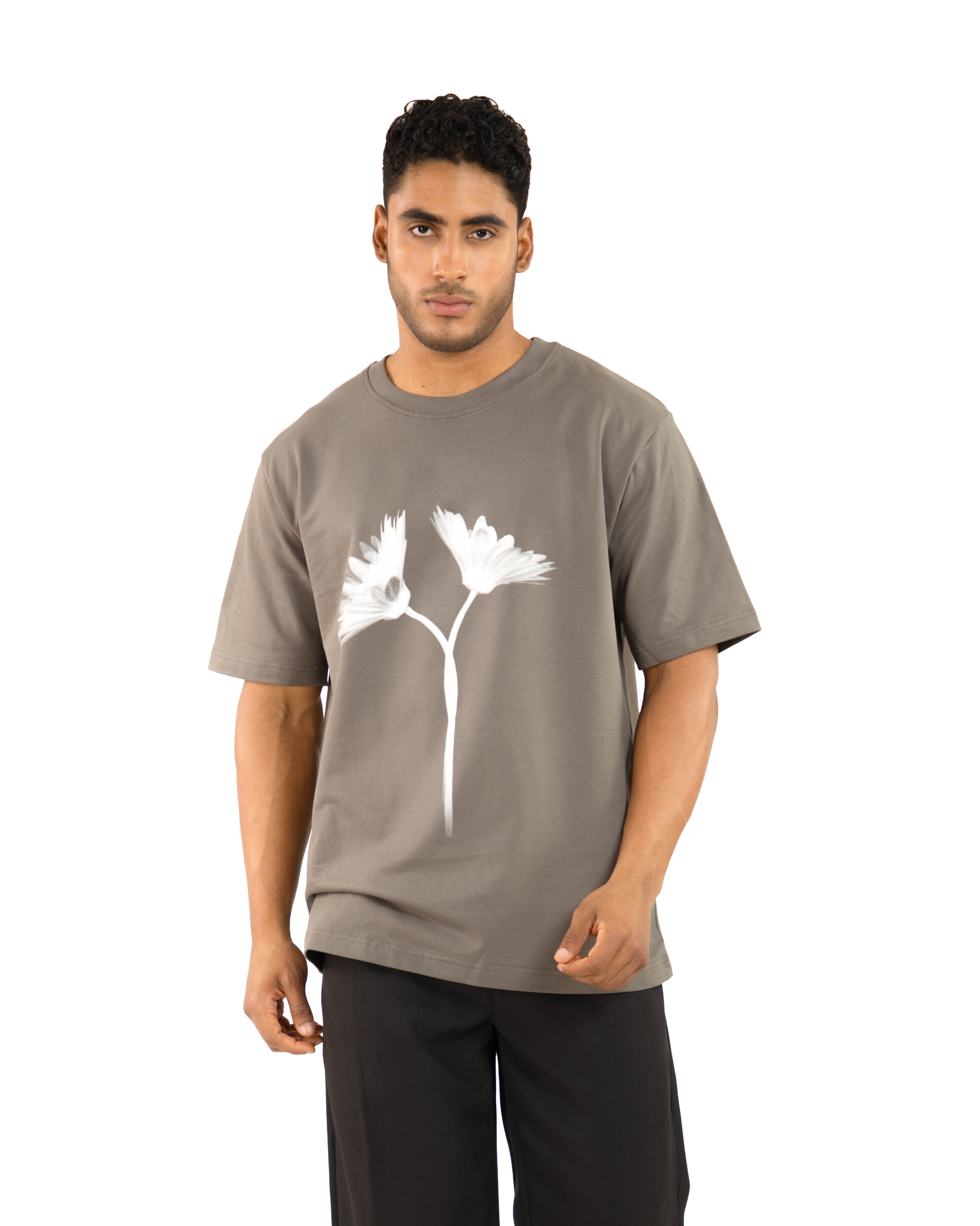 "Men Daisy Cotton Grey Oversized T Shirt front view"