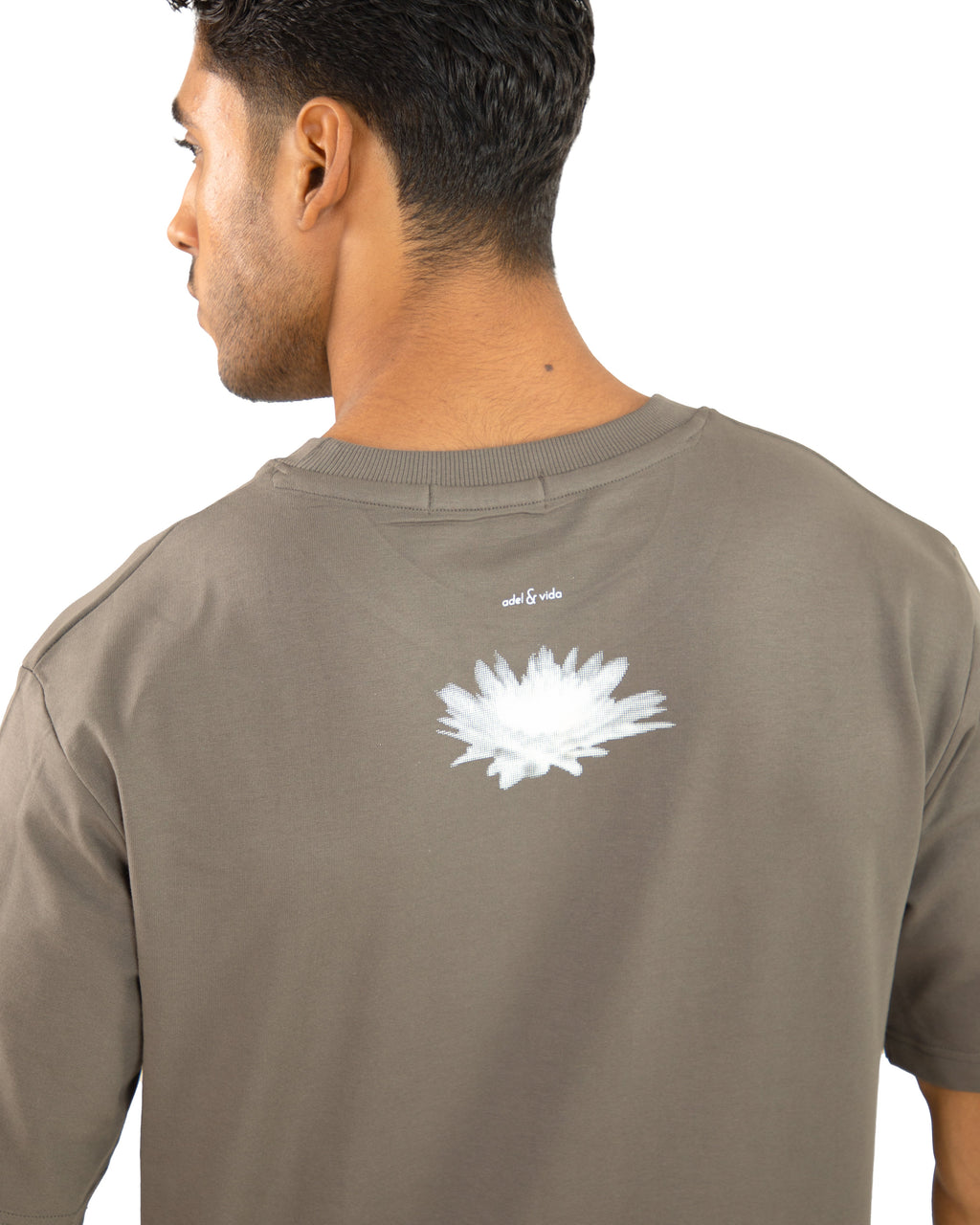 "Men Daisy Cotton Grey Oversized T Shirt back closeup view"