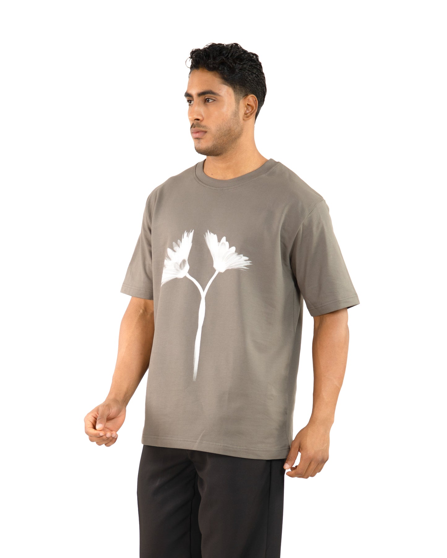 "Men Daisy Cotton Grey Oversized T Shirt left view"