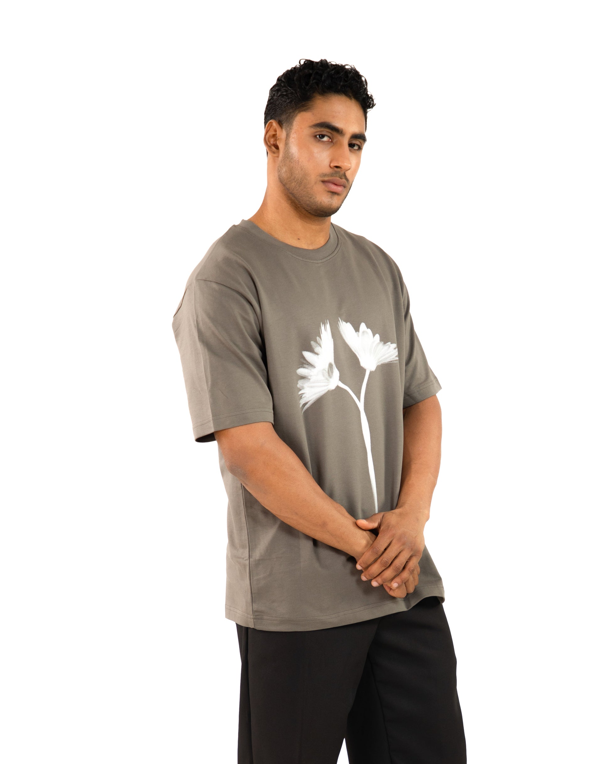 "Men Daisy Cotton Grey Oversized T Shirt right view"