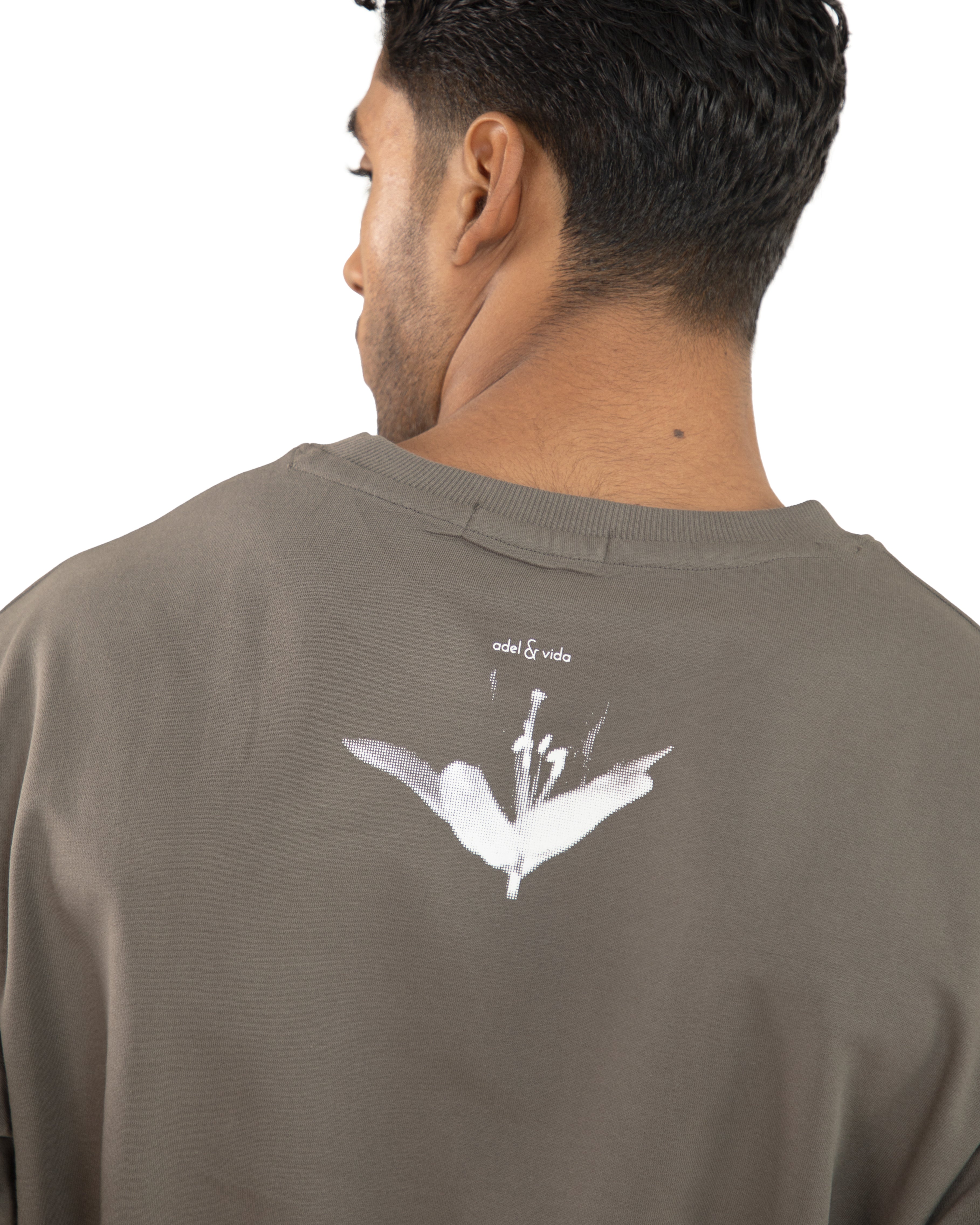 "Men Lily Printed Grey Oversized T Shirt - Back Closeup view"