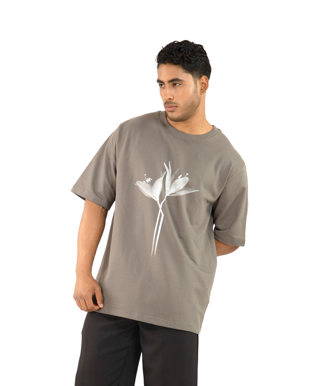 "Men Lily Printed Grey Oversized T Shirt"