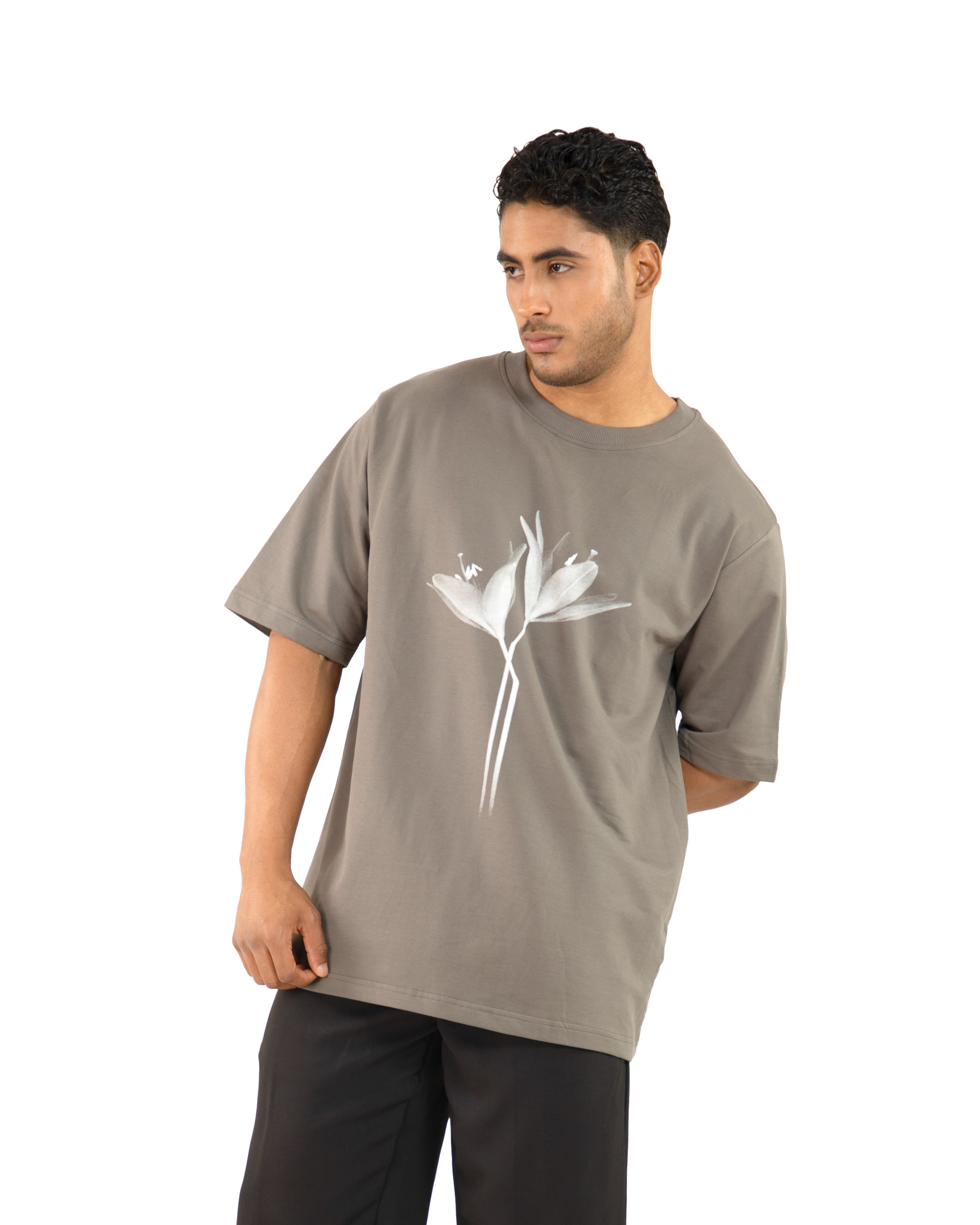"Men Lily Printed Grey Oversized T Shirt"