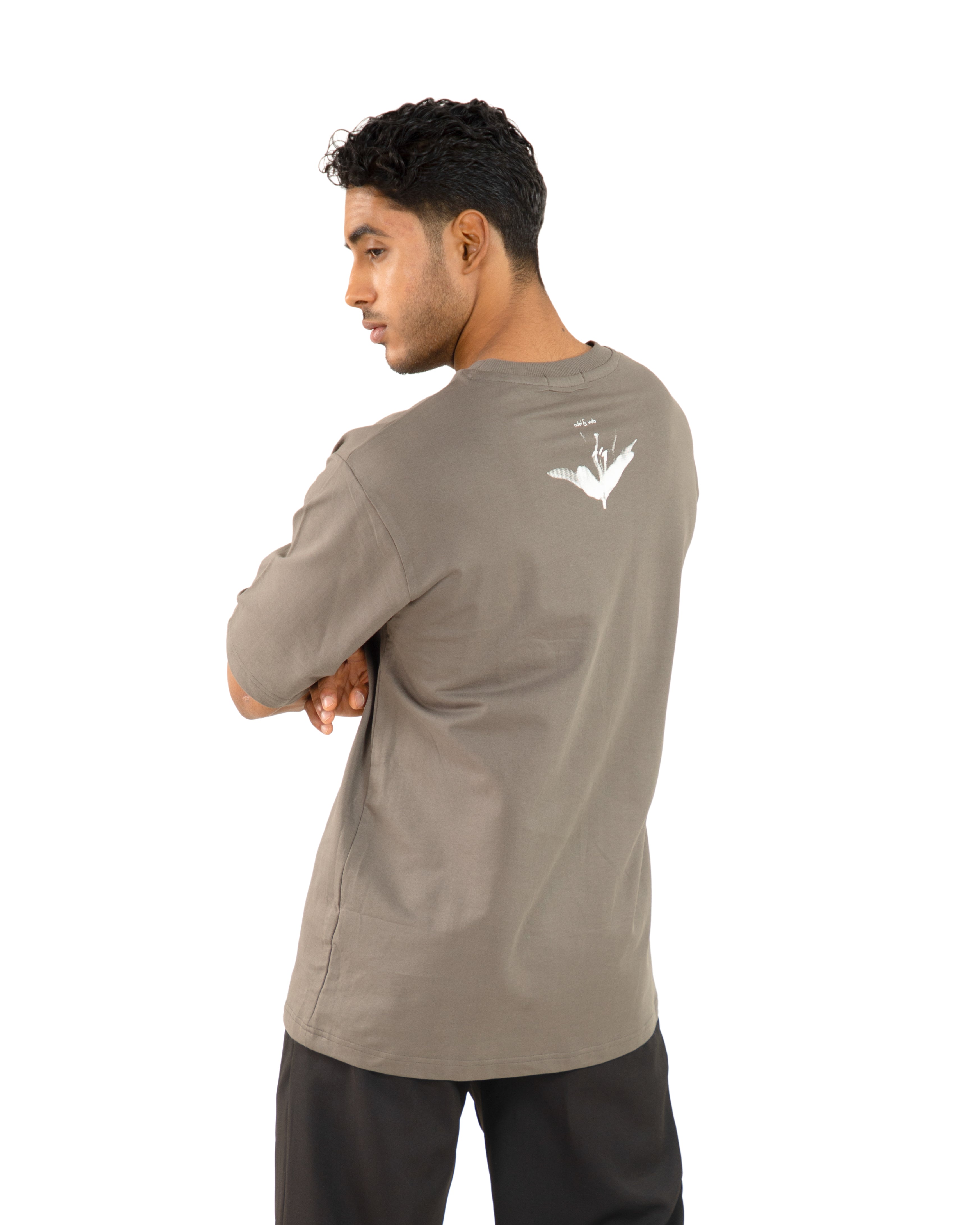 "Men Lily Printed Grey Oversized T Shirt - Back look"