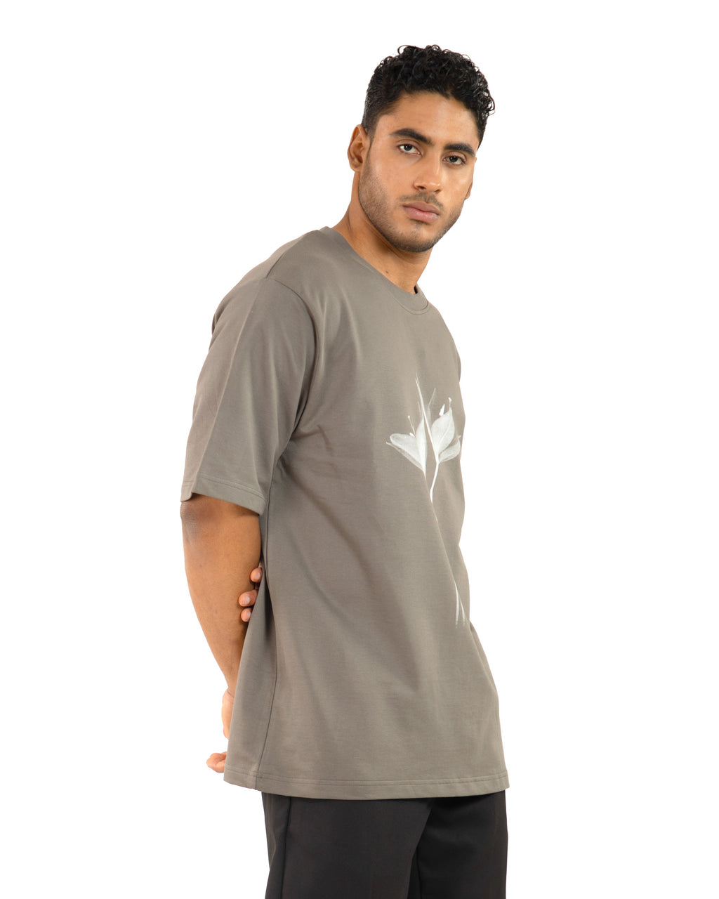 "Men Lily Printed Grey Oversized T Shirt Right side look"