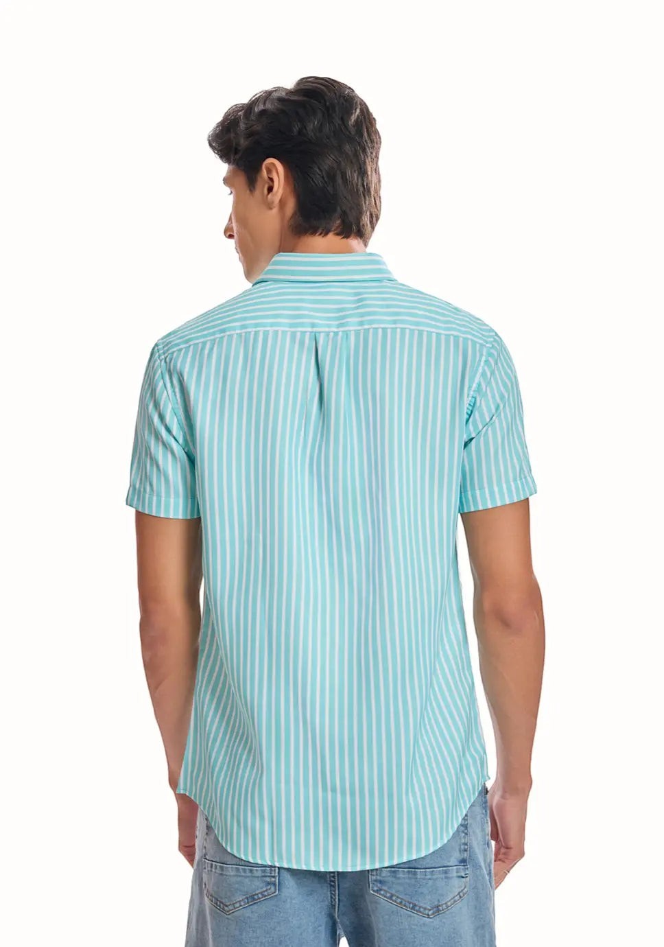 ADEL & VIDA Mint Horizon slim fit blue striped half sleeve shirt with cuban collar worn by a male model