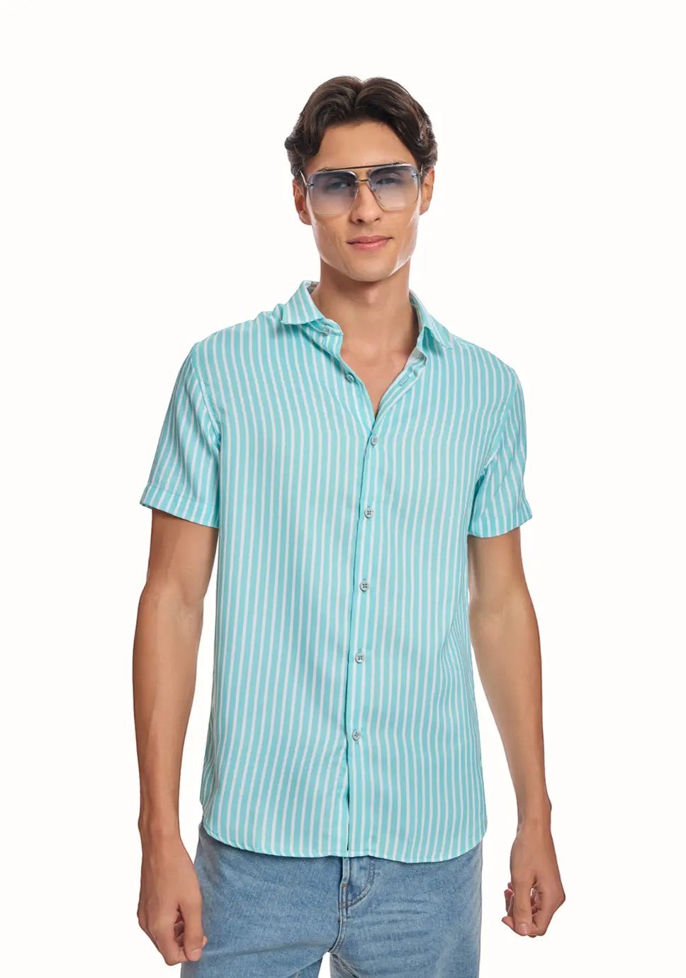 ADEL & VIDA Mint Horizon slim fit blue striped shirt with cuban collar and half sleeves worn by a male model.