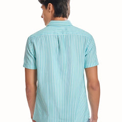 ADEL & VIDA Mint Horizon slim fit blue striped half sleeve shirt with cuban collar worn by a male model