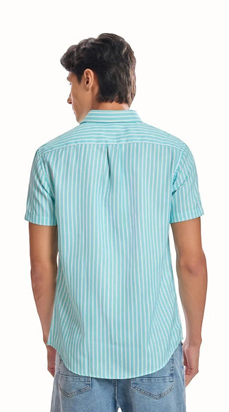 ADEL & VIDA Mint Horizon slim fit blue striped half sleeve shirt with cuban collar worn by a male model