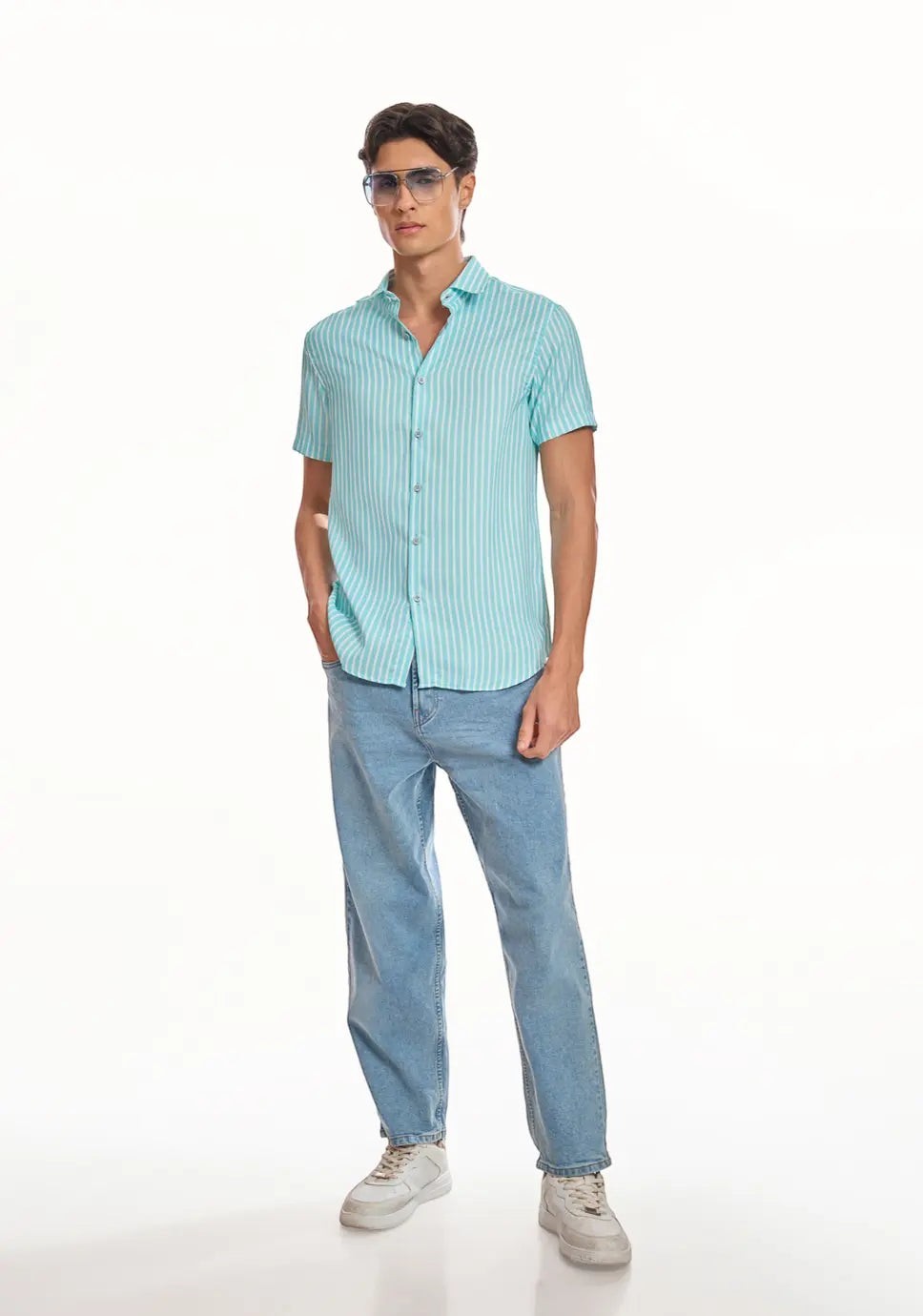 ADEL & VIDA Mint Horizon blue striped slim fit shirt with cuban collar and half sleeves worn by a male model.