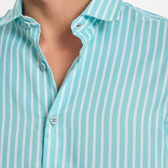 ADEL & VIDA Mint Horizon blue and white striped slim fit shirt with cuban collar and half sleeves