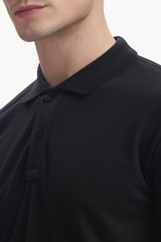 ADEL & VIDA Onyx black regular fit polo t-shirt with a soft, breathable, and stretchable fabric texture.